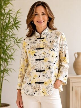 Pendleton Petite 8P Silk Linen Floral Mandarin Collar Frog Closure Jacket